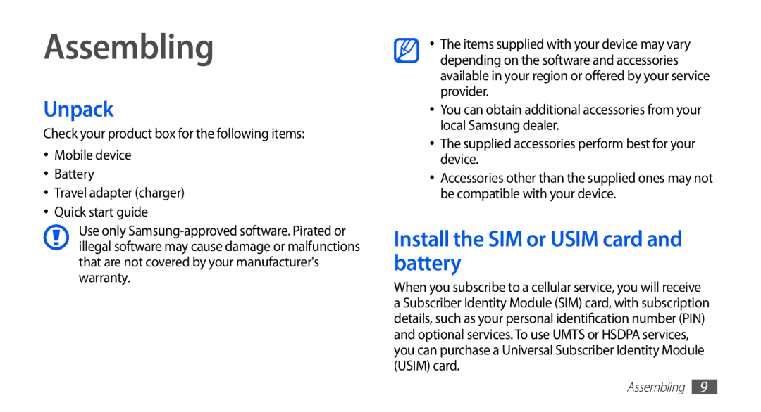 Samsung GT-S5670HKAECT, GT-S5670HKADBT, GT-S5670HKACOS manual Assembling, Unpack, Install the SIM or USIM card and battery 