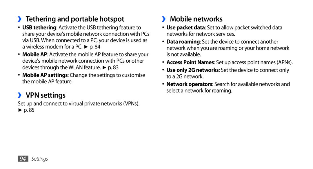 Samsung GT-S5670HKAEGY, GT-S5670HKADBT manual ›› Tethering and portable hotspot, ›› VPN settings, ›› Mobile networks 