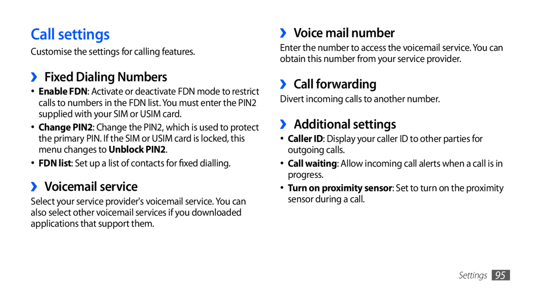 Samsung GT-S5670HKAMID manual Call settings, ››Fixed Dialing Numbers, ›› Voicemail service, ›› Voice mail number, Settings 