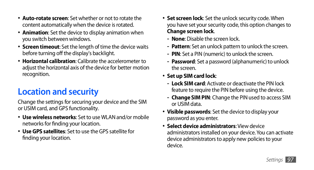 Samsung GT-S5670HKAXSG, GT-S5670HKADBT, GT-S5670HKACOS, GT-S5670PWACOS manual Location and security, Set up SIM card lock 