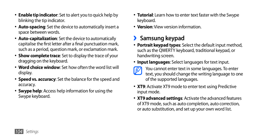 Samsung GT-S5670PWAXEV, GT-S5670HKAECT, GT-S5670HKATHR ›› Samsung keypad, Input languages Select languages for text input 