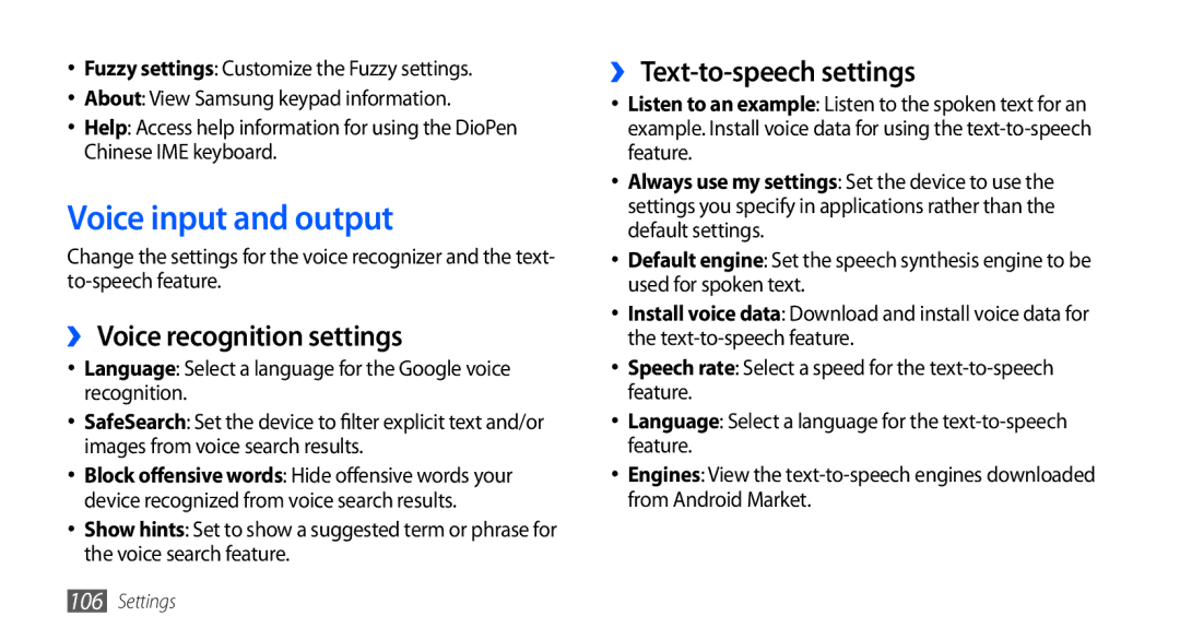 Samsung GT-S5670HKATHR, GT-S5670HKAECT Voice input and output, ›› Voice recognition settings, ›› Text-to-speech settings 