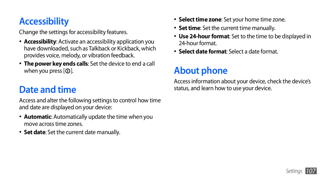 Samsung GT-S5670PWAKSA manual Accessibility, Date and time, About phone, Change the settings for accessibility features 