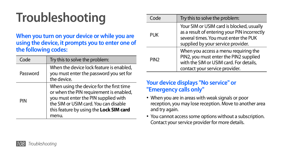 Samsung GT-S5670PWATHR manual Troubleshooting, Code Try this to solve the problem, Supplied by your service provider 