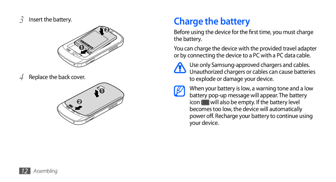 Samsung GT-S5670PWAEGY, GT-S5670HKAECT, GT-S5670HKATHR manual Charge the battery, Insert the battery Replace the back cover 