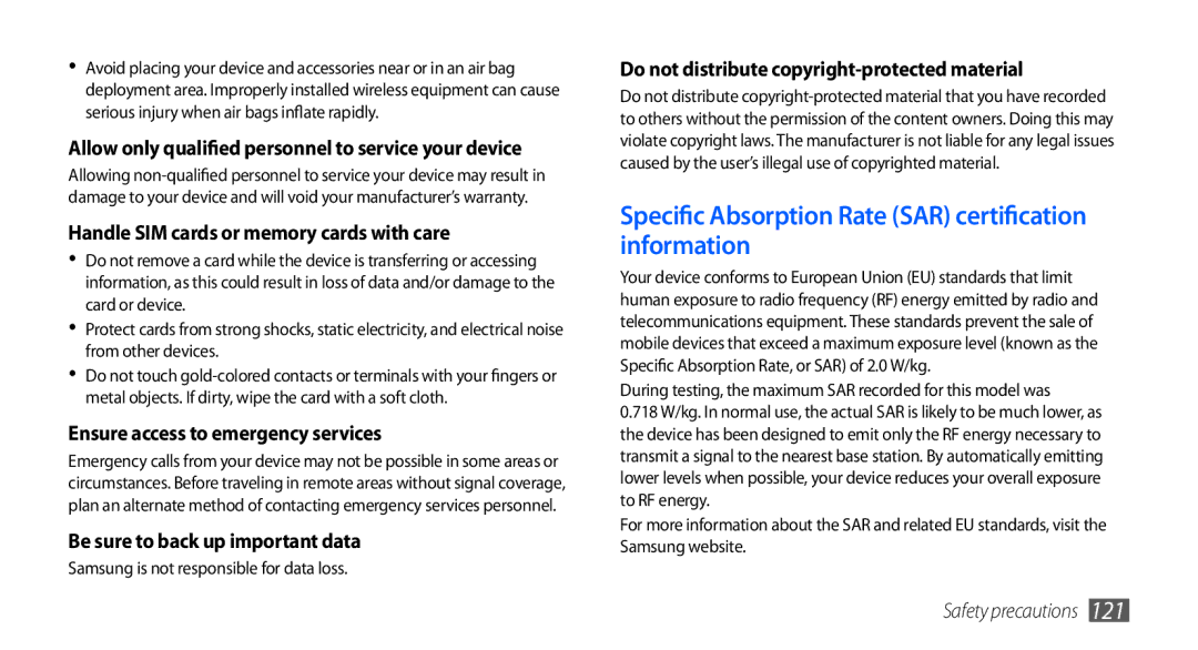 Samsung GT-S5670PWAJED, GT-S5670HKAECT, GT-S5670HKATHR manual Specific Absorption Rate SAR certification information 