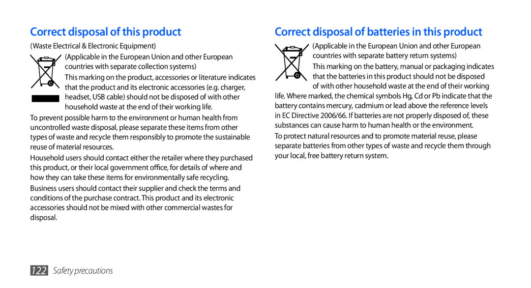 Samsung GT-S5670PWAXXV, GT-S5670HKAECT Correct disposal of this product, Correct disposal of batteries in this product 