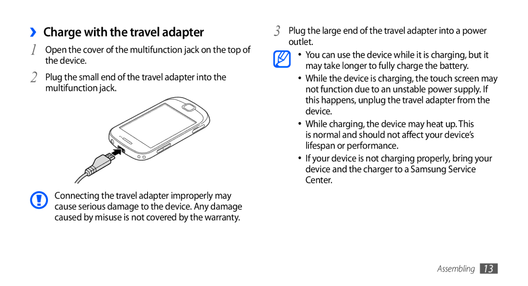 Samsung GT-S5670HKASKZ, GT-S5670HKAECT manual ›› Charge with the travel adapter, Device, Multifunction jack, Outlet 