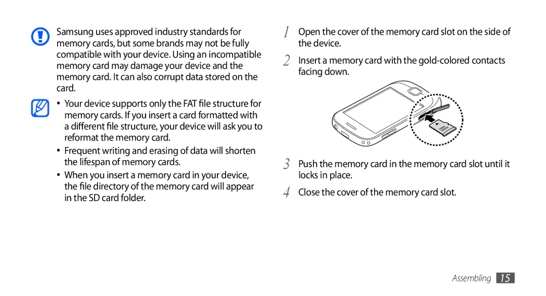 Samsung GT-S5670PWAABS, GT-S5670HKAECT, GT-S5670HKATHR Facing down, Locks in place, Close the cover of the memory card slot 