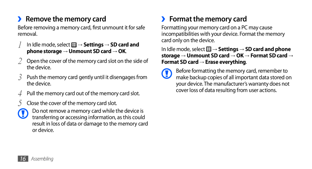 Samsung GT-S5670PWAJED manual ›› Remove the memory card, ›› Format the memory card, Phone storage → Unmount SD card → OK 