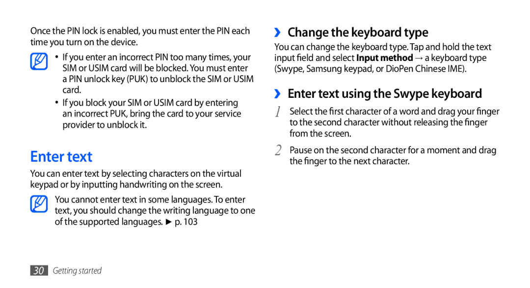 Samsung GT-S5670HKAAFR manual ›› Change the keyboard type, ›› Enter text using the Swype keyboard, From the screen 