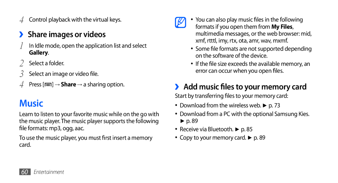 Samsung GT-S5670HKAXEV, GT-S5670HKAECT manual Music, ›› Share images or videos, ›› Add music files to your memory card 