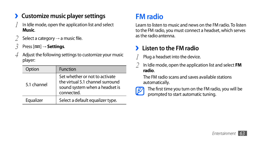 Samsung GT-S5670HKAECT, GT-S5670HKATHR manual ›› Customize music player settings, ›› Listen to the FM radio, Radio 