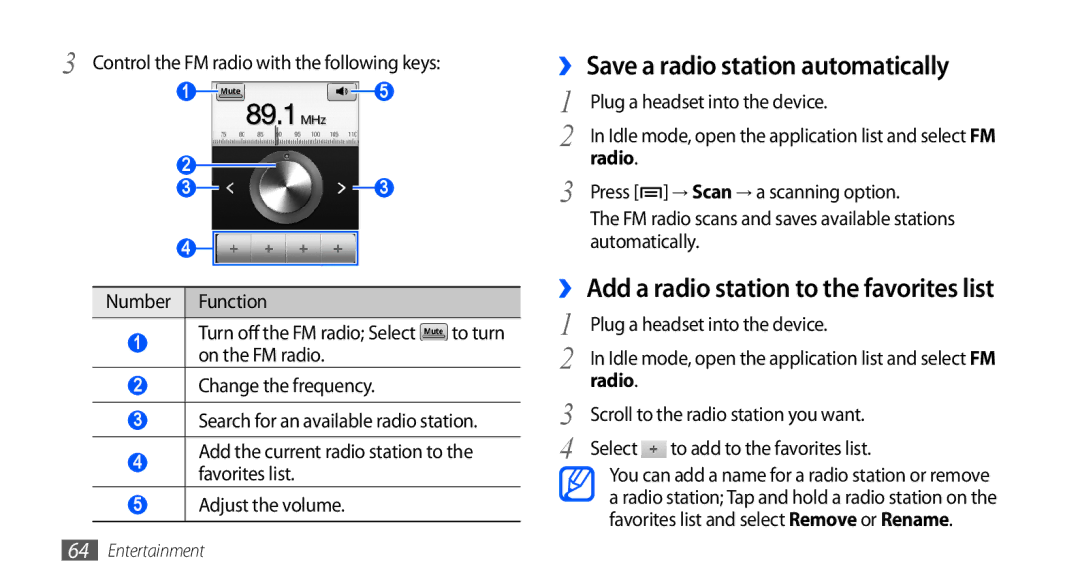 Samsung GT-S5670HKATHR, GT-S5670HKAECT ›› Save a radio station automatically, ›› Add a radio station to the favorites list 