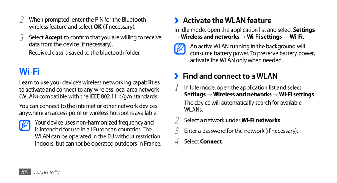 Samsung GT-S5670PWAKSA, GT-S5670HKAECT, GT-S5670HKATHR Wi-Fi, ›› Activate the Wlan feature, ›› Find and connect to a Wlan 