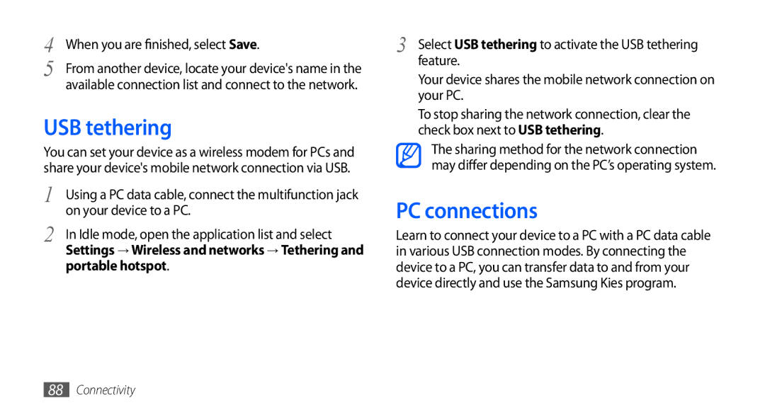 Samsung GT-S5670HKAJED, GT-S5670HKAECT manual USB tethering, PC connections, On your device to a PC, Portable hotspot 