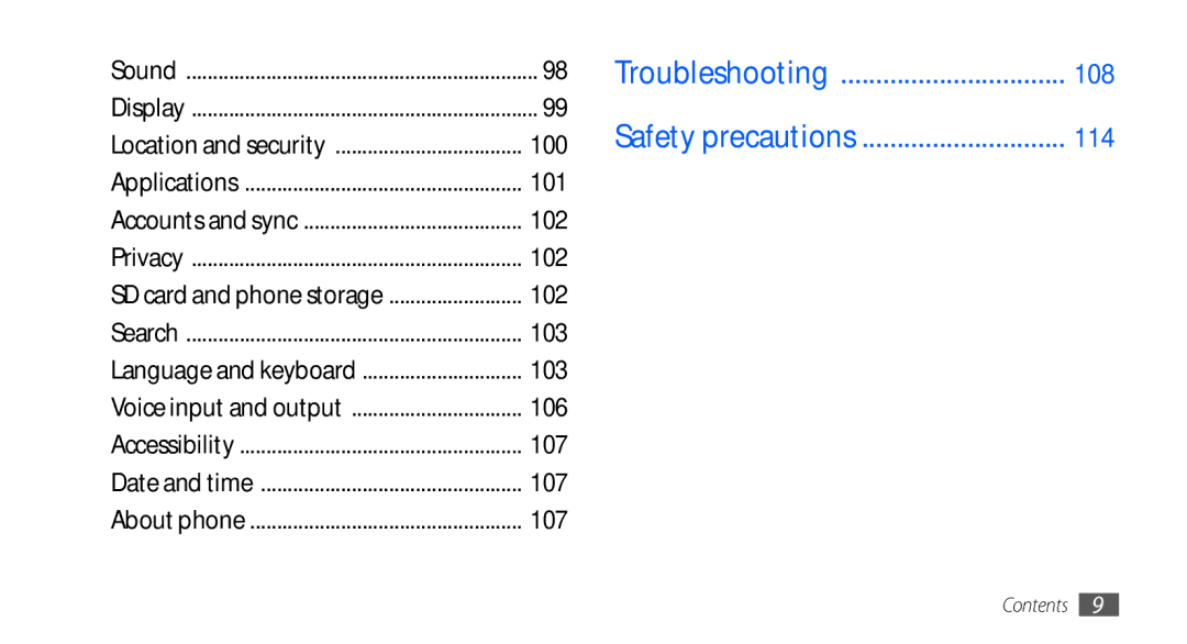 Samsung GT-S5670HKAAFR, GT-S5670HKAECT, GT-S5670HKATHR, GT-S5670PWAKSA, GT-S5670PWATHR Troubleshooting, Safety precautions 