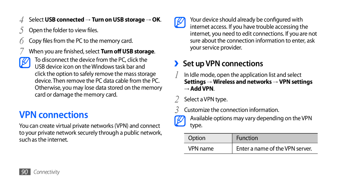 Samsung GT-S5670HKAXSS, GT-S5670HKAECT, GT-S5670HKATHR, GT-S5670PWAKSA manual ›› Set up VPN connections, → Add VPN 