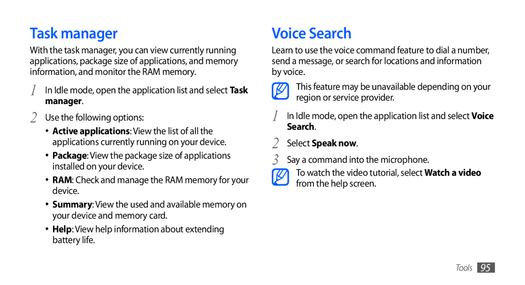 Samsung GT-S5670PWAAFR, GT-S5670HKAECT, GT-S5670HKATHR, GT-S5670PWAKSA Task manager, Voice Search, Manager, Select Speak now 