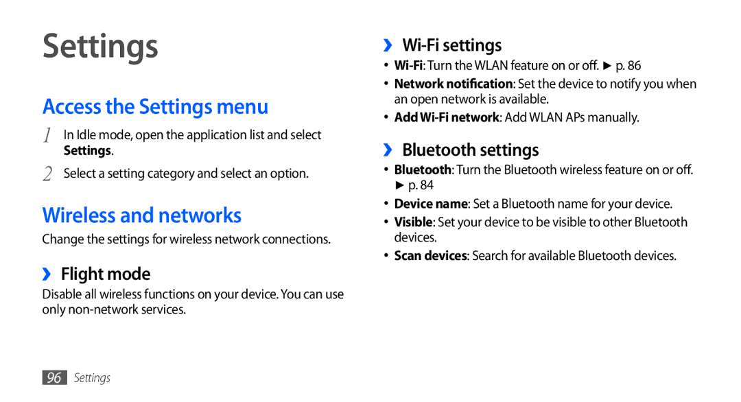 Samsung GT-S5670PWAEGY, GT-S5670HKAECT, GT-S5670HKATHR, GT-S5670PWAKSA Access the Settings menu, Wireless and networks 