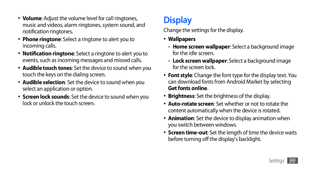 Samsung GT-S5670PWAABS, GT-S5670HKAECT, GT-S5670HKATHR, GT-S5670PWAKSA manual Display, Change the settings for the display 