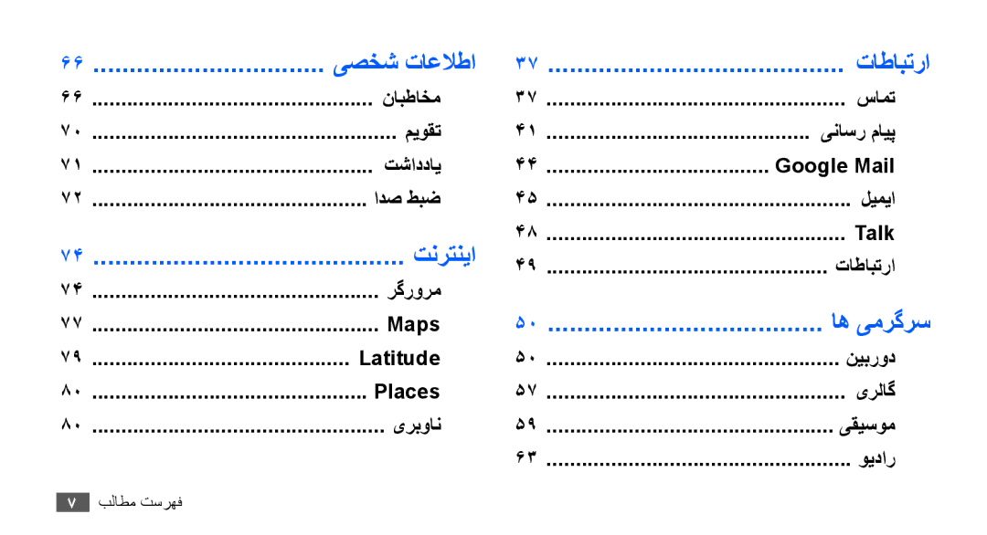 Samsung GT-S5670HKAEGY, GT-S5670HKAECT manual Talk, تاطابترا, رگرورم, Maps Latitude نیبرود Places یرلاگ یربوان یقیسوم ویدار 