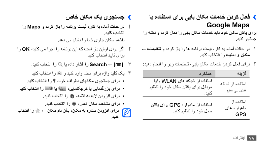 Samsung GT-S5670HKAXSG, GT-S5670HKAECT manual صاخ ناکم کی یوجتسج››, Google Maps, اب هدافتسا یارب یبای ناکم تامدخ ندرک لاعف›› 