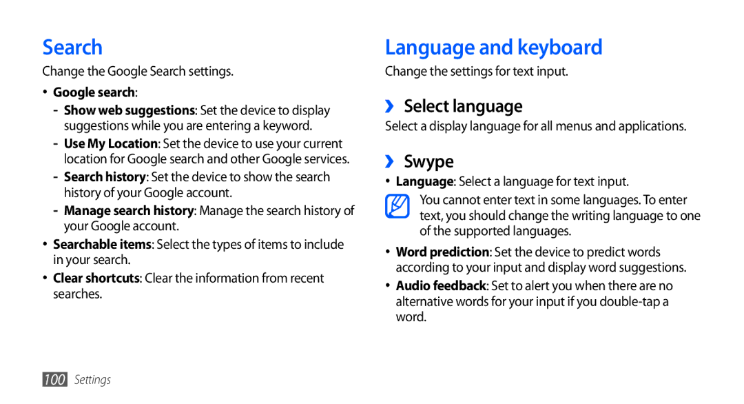 Samsung GT-S5670PWAJED, GT-S5670HKAECT manual Search, Language and keyboard, ›› Select language, ›› Swype, Google search 