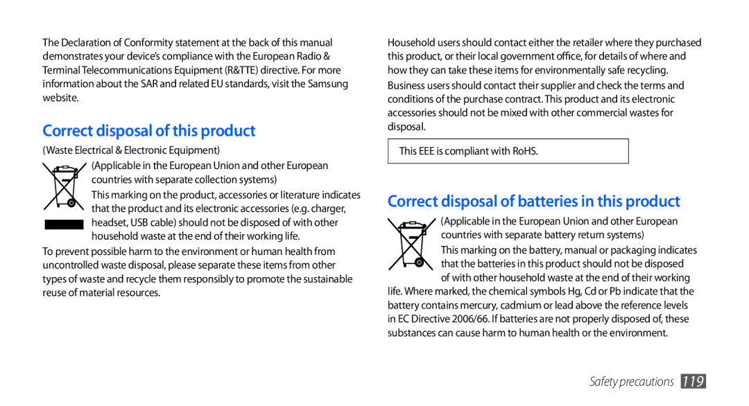 Samsung GT-S5670HKAABS, GT-S5670HKAECT Correct disposal of this product, Correct disposal of batteries in this product 