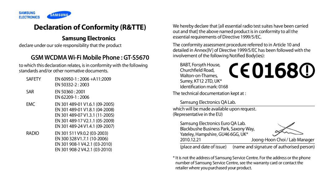 Samsung GT-S5670PWAXEV, GT-S5670HKAECT, GT-S5670HKATHR manual Samsung Electronics, GSM Wcdma Wi-Fi Mobile Phone GT-S5670 