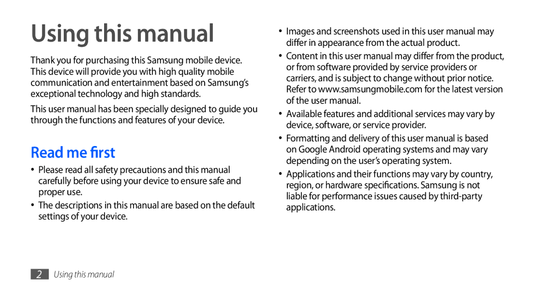 Samsung GT-S5670PWAKSA, GT-S5670HKAECT, GT-S5670HKATHR, GT-S5670PWATHR, GT-S5670HKAJED Using this manual, Read me first 