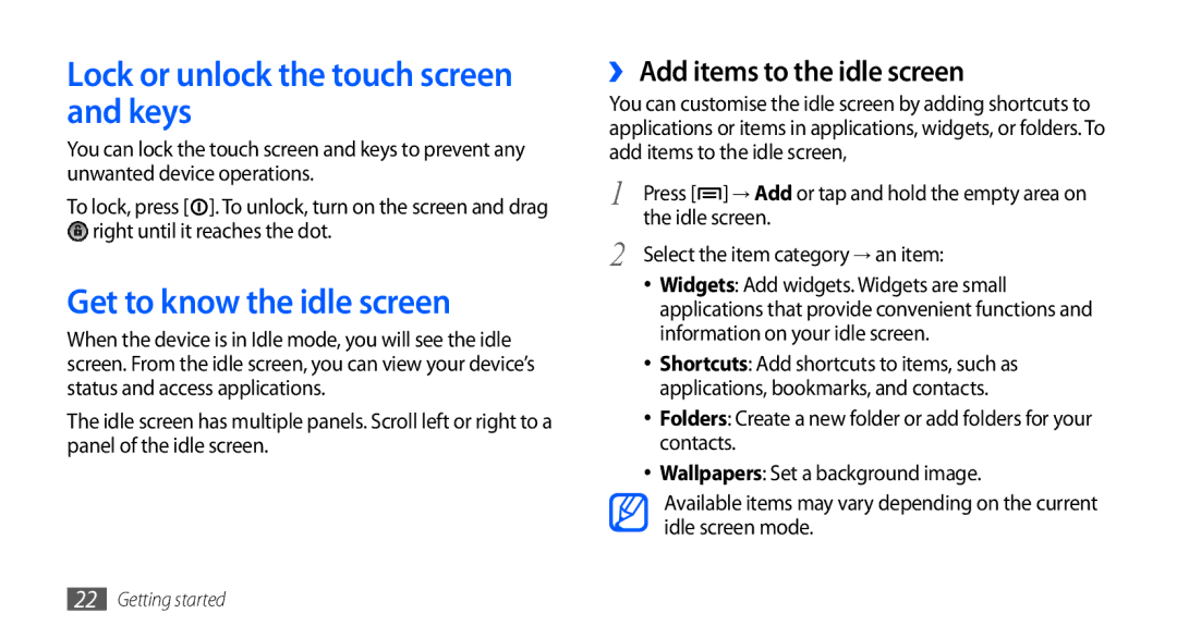 Samsung GT-S5670HKATHR, GT-S5670HKAECT Lock or unlock the touch screen and keys, Get to know the idle screen, Idle screen 