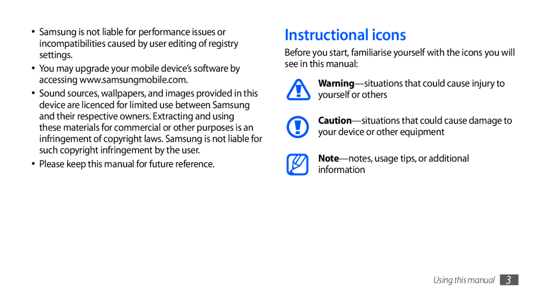 Samsung GT-S5670PWATHR, GT-S5670HKAECT, GT-S5670HKATHR Instructional icons, Please keep this manual for future reference 