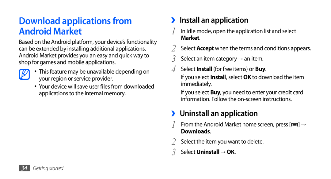 Samsung GT-S5670HKASKZ Download applications from Android Market, ›› Install an application, ›› Uninstall an application 