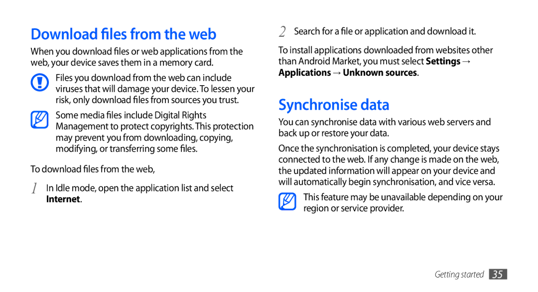 Samsung GT-S5670HKAABS manual Download files from the web, Synchronise data, To download files from the web, Internet 