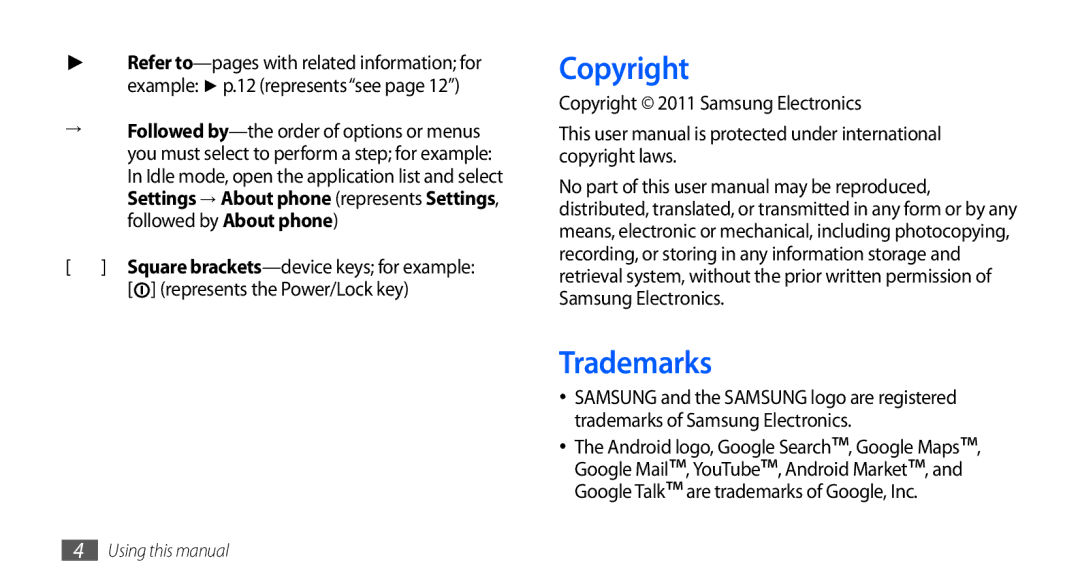 Samsung GT-S5670HKAJED, GT-S5670HKAECT, GT-S5670HKATHR, GT-S5670PWAKSA Trademarks, Copyright 2011 Samsung Electronics 