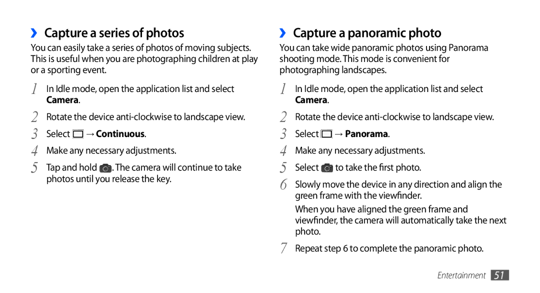 Samsung GT-S5670HKAAFR manual ›› Capture a series of photos, ›› Capture a panoramic photo, → Continuous, → Panorama 