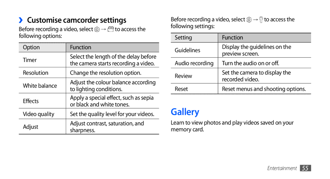 Samsung GT-S5670HKASKZ, GT-S5670HKAECT, GT-S5670HKATHR, GT-S5670PWAKSA manual Gallery, ›› Customise camcorder settings 