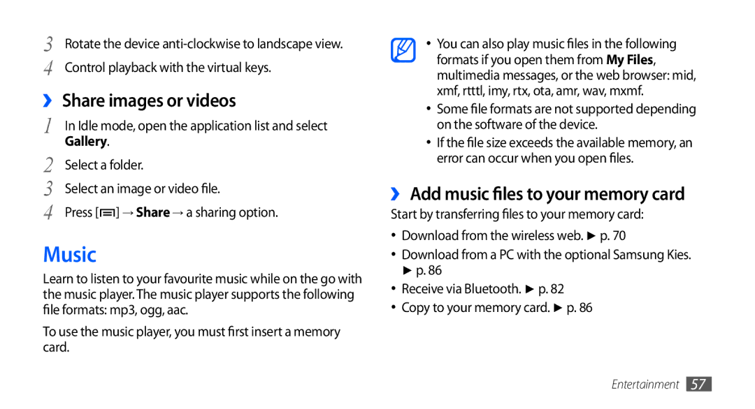Samsung GT-S5670PWAABS, GT-S5670HKAECT manual Music, ›› Share images or videos, ›› Add music files to your memory card 