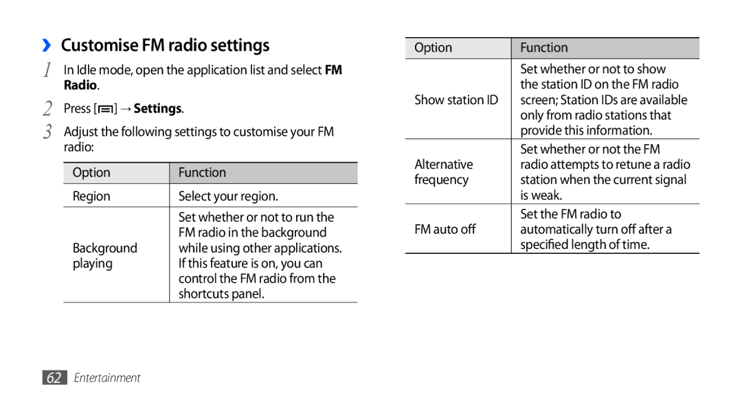 Samsung GT-S5670PWAXEV, GT-S5670HKAECT, GT-S5670HKATHR, GT-S5670PWAKSA, GT-S5670PWATHR manual ›› Customise FM radio settings 