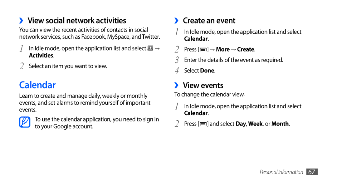 Samsung GT-S5670HKAJED, GT-S5670HKAECT Calendar, ›› View social network activities, ›› Create an event, ›› View events 