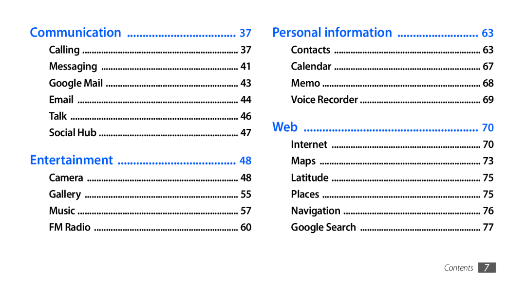 Samsung GT-S5670HKAEGY, GT-S5670HKAECT, GT-S5670HKATHR manual Communication Personal information, Web, Entertainment 