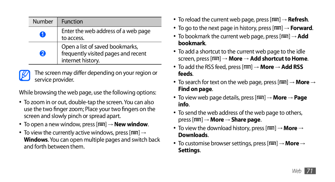 Samsung GT-S5670HKAMID, GT-S5670HKAECT, GT-S5670HKATHR manual To bookmark the current web page, press → Add bookmark 