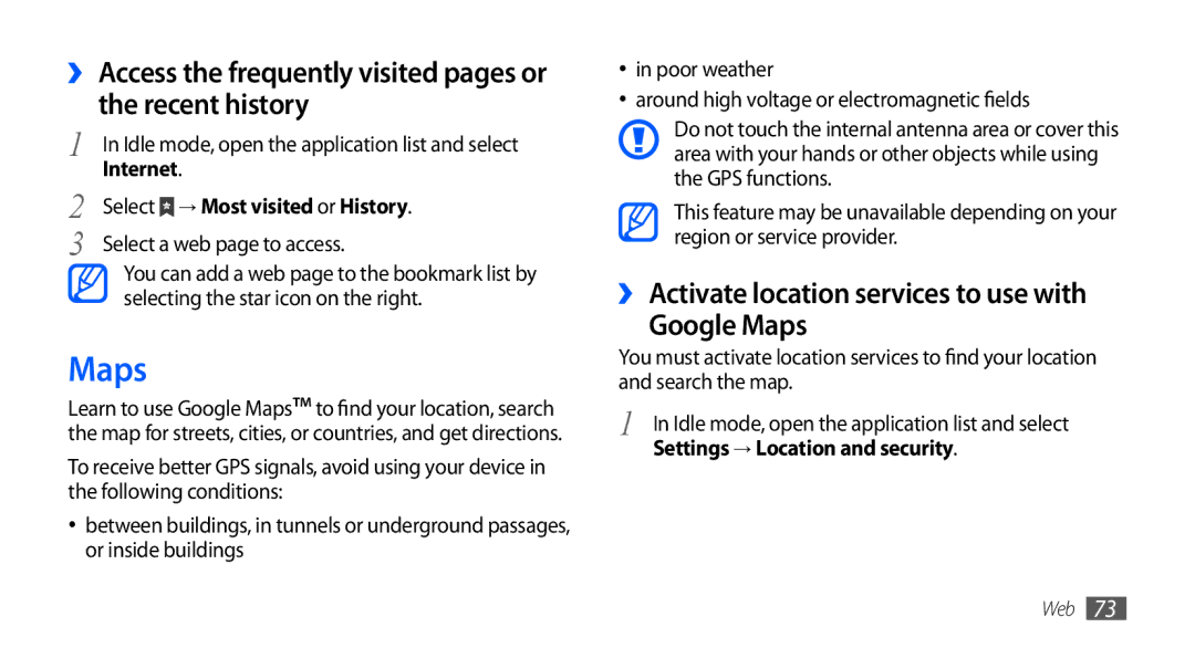 Samsung GT-S5670HKAXSG manual ›› Activate location services to use with Google Maps, Select → Most visited or History 