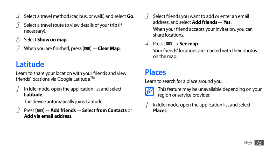 Samsung GT-S5670PWAEGY, GT-S5670HKAECT, GT-S5670HKATHR, GT-S5670PWAKSA manual Latitude, Places, Add via email address 
