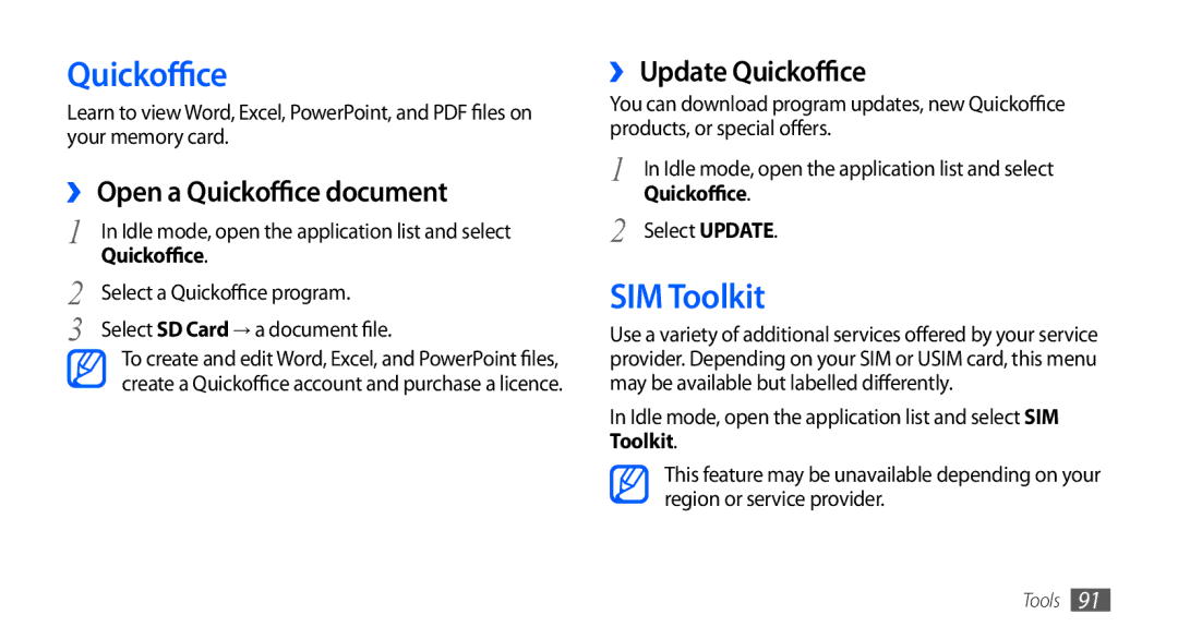 Samsung GT-S5670HKAEGY, GT-S5670HKAECT manual SIM Toolkit, ›› Open a Quickoffice document, ›› Update Quickoffice 