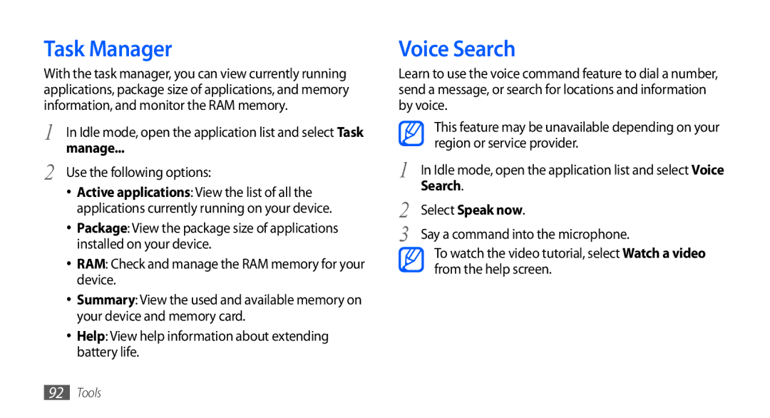 Samsung GT-S5670HKAMID, GT-S5670HKAECT, GT-S5670HKATHR, GT-S5670PWAKSA manual Task Manager, Voice Search, Select Speak now 