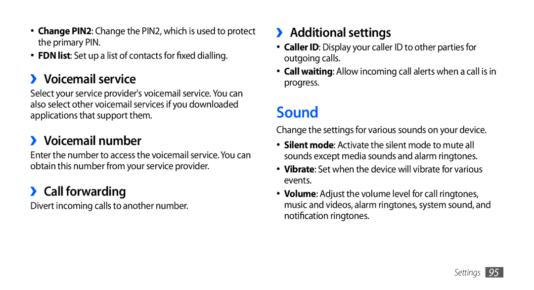 Samsung GT-S5670PWAAFR manual Sound, ›› Voicemail service, ›› Voicemail number, ›› Call forwarding, ›› Additional settings 