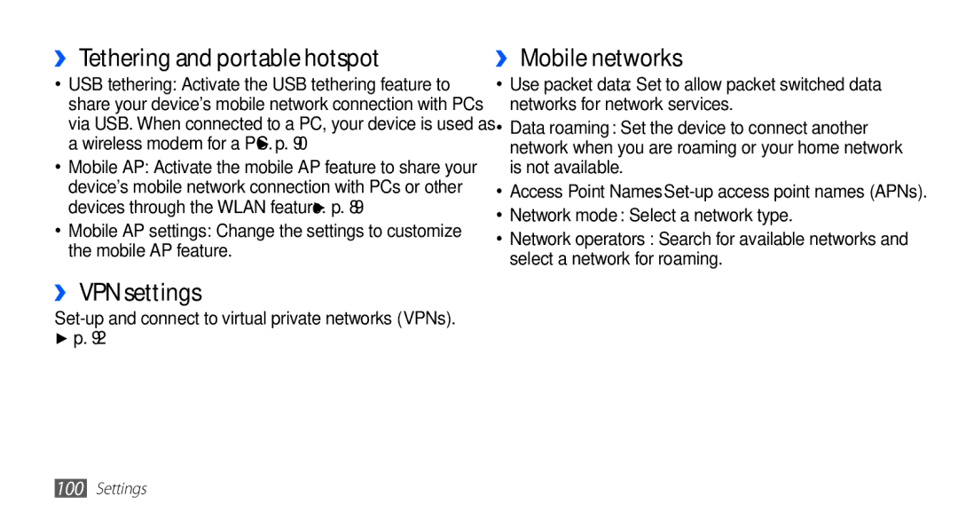 Samsung GT-S5670PWAJED, GT-S5670HKAECT manual ›› Tethering and portable hotspot, ›› VPN settings, ›› Mobile networks 