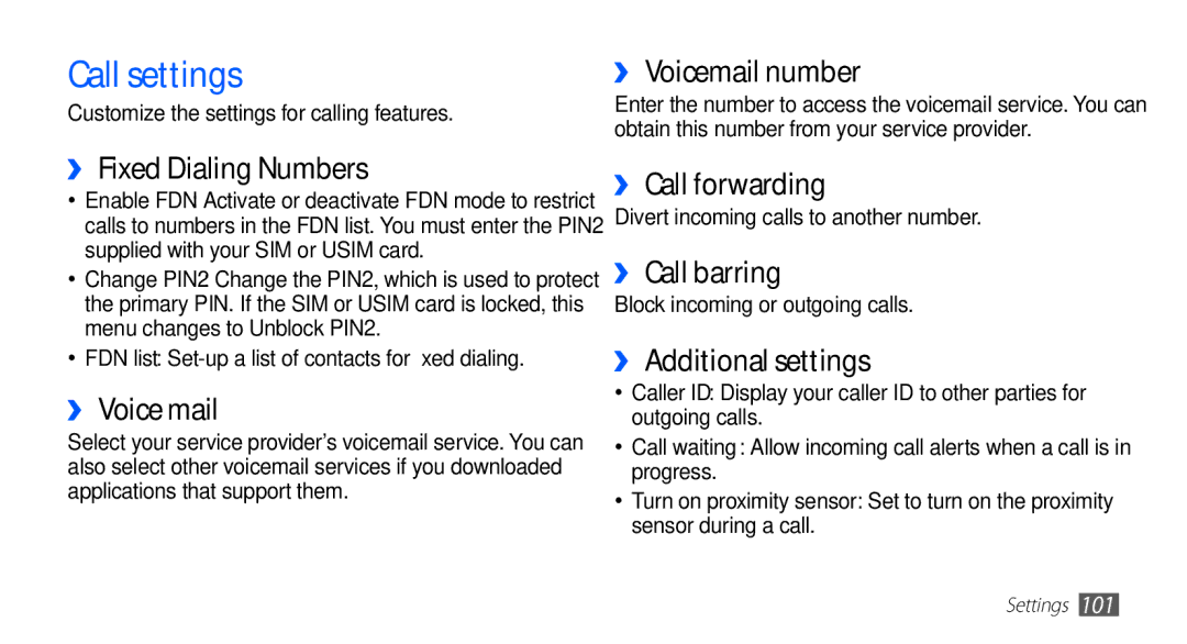 Samsung GT-S5670PWAXXV, GT-S5670HKAECT, GT-S5670HKATHR, GT-S5670PWAKSA, GT-S5670PWATHR, GT-S5670HKAJED manual Call settings 